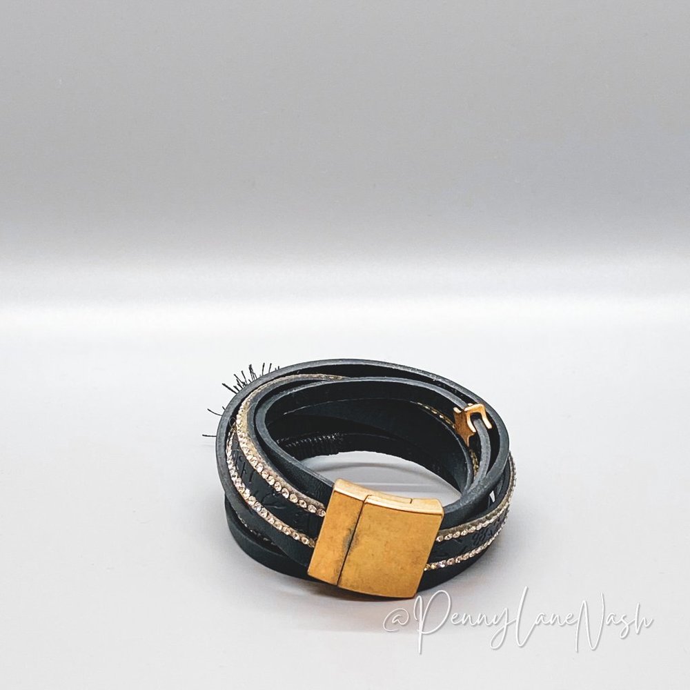 Vintage Black Leather Studded Wrap Clasp with Tassle Bracelet - Picture 3 of 6